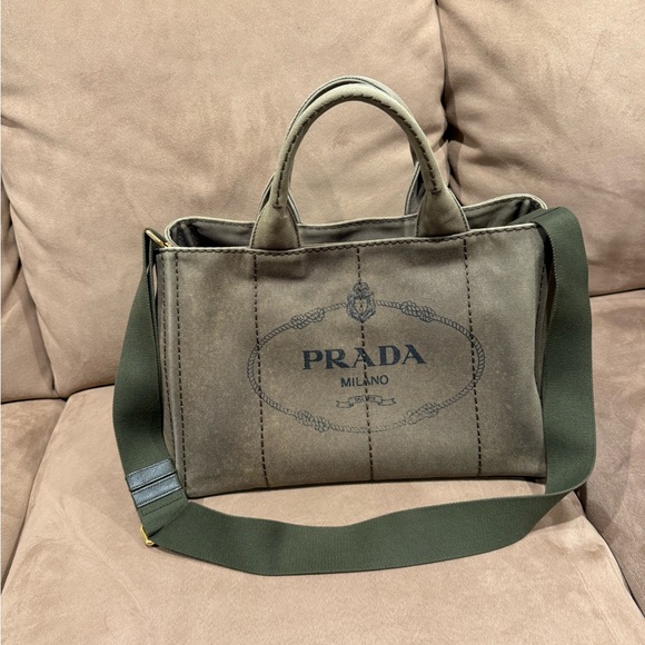 Prada Handbags - Prada Canapa canvas tote bag Olive Green Crossbody Strap